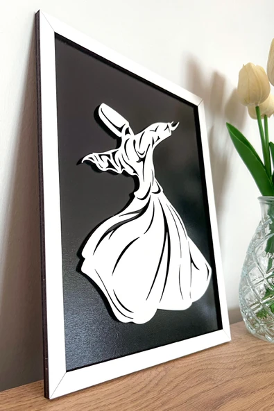 Modern Beyaz Çerçeveli Ahşap Semazen (Mevlana) Tablosu – 25x20 cm - Resim 4