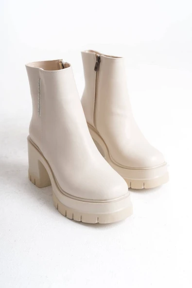 JET-LISSE Fermuarlı Ortopedik Taban Kalın Topuklu Kadın Bot CKT - Krem - Resim 5