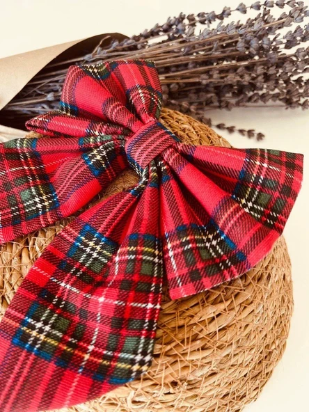 Ekose Motifli Kız Çocuk Fiyonk Tokası - Kırmızı - 2