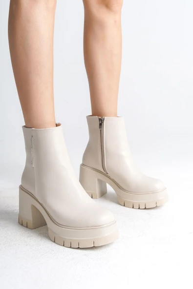 JET-LISSE Fermuarlı Ortopedik Taban Kalın Topuklu Kadın Bot CKT - Krem ürün görseli