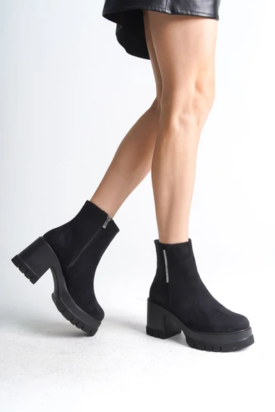 JET-LISSE Fermuarlı Ortopedik Taban Kalın Topuklu Süet Kadın Bot SST - Siyah - Resim 4