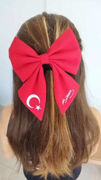 TÜRK Bayrağı ve Atatürk imza Motifli Fiyonk Toka - Kırmızı ürün görseli