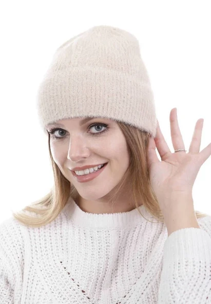 Unisex Tam Kalıp İnce Sakallı Triko Bere - Bej - Resim 2