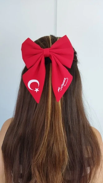 TÜRK Bayrağı ve Atatürk imza Motifli Fiyonk Toka - Kırmızı - Resim 2