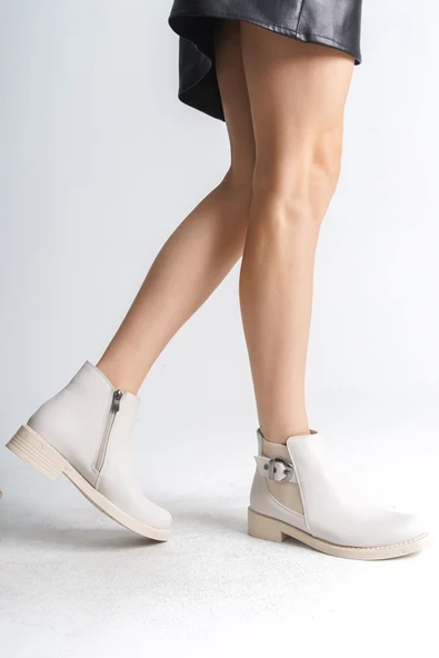 JET-LUNA Fermuarlı Lastikli Ortopedik Taban TopukluKadın Bot CKT - Krem - Resim 2