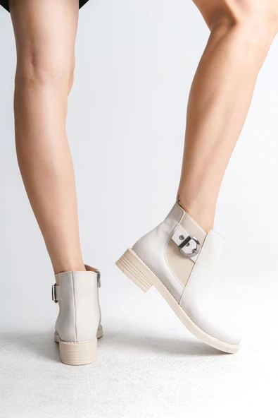 JET-LUNA Fermuarlı Lastikli Ortopedik Taban TopukluKadın Bot CKT - Krem - Resim 4