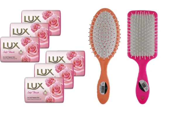 LUX Sabun 80GR Soft Touch 6 Adet Saç Fön Fırçası Renkli Oval Saç Fırçası Tarak 1+1 Adet