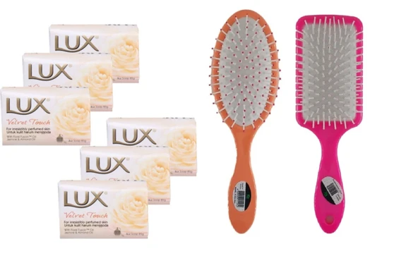 LUX Lüx Sabun 80GR Velvet Touch 6 Adet Saç Fön Fırçası Renkli Oval Saç Fırçası Tarak 1+1 Adet