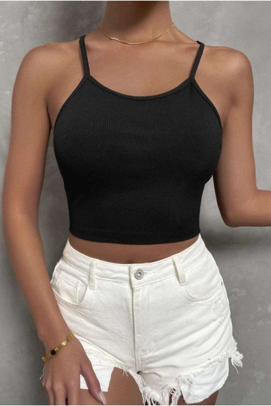 Kadın Siyah Kaşkorse Bağlamalı Detaylı Şık Crop & Bluz - 1