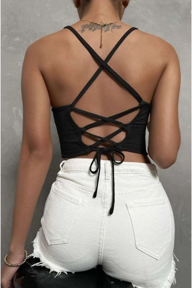 Kadın Siyah Kaşkorse Bağlamalı Detaylı Şık Crop & Bluz - 3