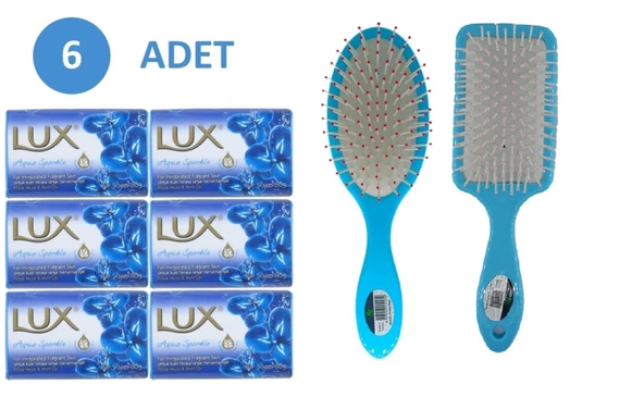 LUX Lüx Sabun Mavi 80 Gr. Aqua Sparkle 6 Adet Sabun Saç Fön Fırçası Oval Saç Fırçası Tarak 1+1 Adet