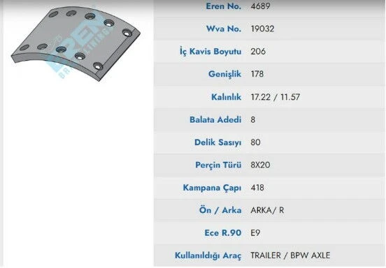 KAMPANA BALATA MUHTELIF TREYLER / PILOT / YILDIZ / 19032 ürün görseli