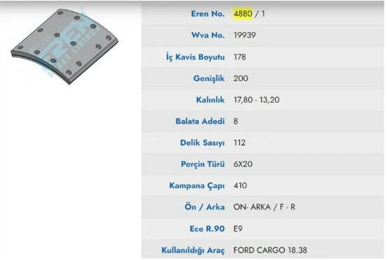 KAMPANA BALATA YENI MODEL FORD CARGO 18.38 ORGANIC 19939 ürün görseli