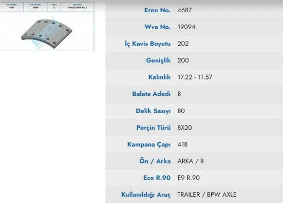 BPW DORSE KAMPANA BALATASI 19094 ürün görseli