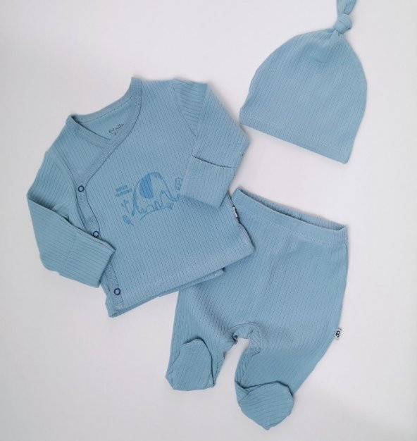 Fitilli Kumaş Baskılı Turkuaz 3lü Erkek Bebek Zıbın Set