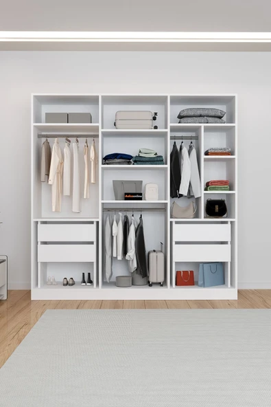 AEKA Ae-2116 Kale Aynalı Beyaz, 6 Kapaklı Gardırop, 13 Raflı, 3 Askılıklı 180 Cm Dolap - Resim 2