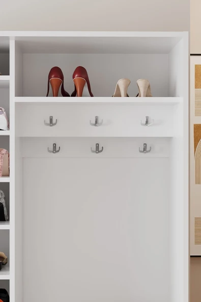 AEKA AE-3071 Patentli İdeal Aynalı Vestiyer Portmanto Ayakkabılık Raflı Askılıklı, Beyaz - Resim 4