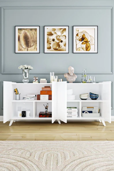 AEKA AE-2056 AKEL BEYAZ 4 KAPAKLI GENİŞ KONSOL 180 CM AYAKLI,RAFLI, YEMEK ODASI, TV SEHBASI, MODERN, - Resim 2