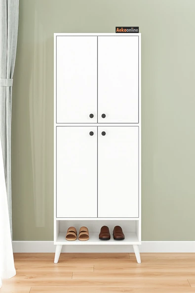 AEKA Ae-1088 Patentli İmaj Beyaz Ayakkabılık, 9 Raflı, Ayaklı, 4 Kapaklı Çok Amaçlı Dolap, Kiler Dolabı - 4