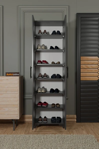 AEKA AE-3085 SELEN ANTRASİT AYAKKABILIK, 7 RAFLI, AYAKLI, 2 KAPAKLI ÇOK AMAÇLI DOLAP, KİLER DOLABI - Resim 2