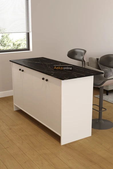 AEKA AE-2080 Patentli Ayder Mutfak Adası Bar Masası Yemek Masası Dolaplı, Beyaz/S.MERMER Raflı,Çok Amaçlı - Resim 4