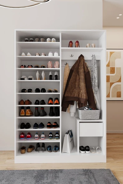 AEKA AE-3071 Patentli İdeal Aynalı Vestiyer Portmanto Ayakkabılık Raflı Askılıklı, Beyaz - Resim 2