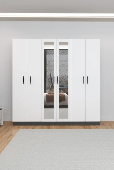 AEKA Ae-2116 Kale Aynalı Antrasit/Beyaz, 6 Kapaklı Gardırop, 13 Raflı, 3 Askılıklı 180 Cm Dolap - Resim 4