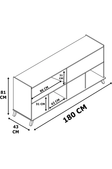 AEKA AE-2056 AKEL BEYAZ 4 KAPAKLI GENİŞ KONSOL 180 CM AYAKLI,RAFLI, YEMEK ODASI, TV SEHBASI, MODERN, - Resim 3