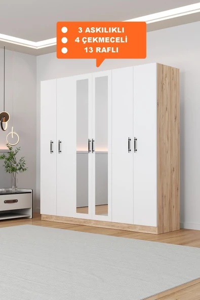 AEKA Ae-2116 Kale Aynalı Sonomo/Beyaz, 6 Kapaklı Gardırop, 13 Raflı, 3 Askılıklı 180 Cm Dolap ürün görseli