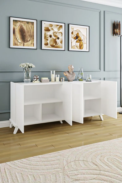 AEKA AE-2056 AKEL BEYAZ 4 KAPAKLI GENİŞ KONSOL 180 CM AYAKLI,RAFLI, YEMEK ODASI, TV SEHBASI, MODERN, - Resim 5