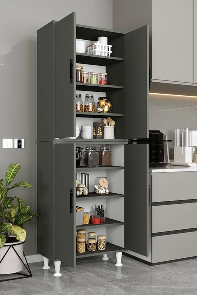 AEKA Ae-2086 Bala Antrasit Çok Amaçlı Mutfak Dolabı&banyo Dolabı, Kiler, 4 Kapaklı, Raflı, Ayaklı