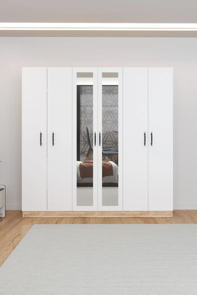 AEKA Ae-2116 Kale Aynalı Sonomo/Beyaz, 6 Kapaklı Gardırop, 13 Raflı, 3 Askılıklı 180 Cm Dolap - Resim 4