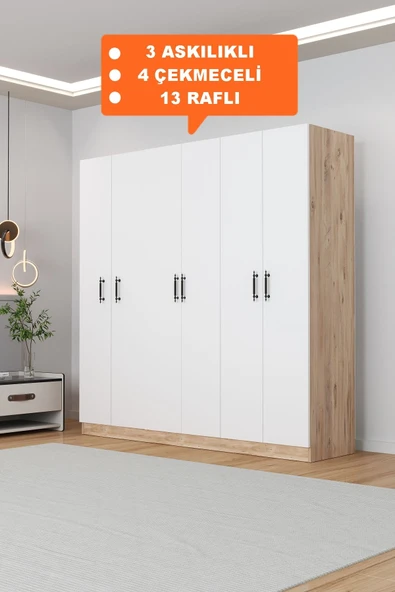 AEKA AE-2115 KALE SONOMO/BEYAZ GARDIROP 6 KAPAKLI, 4 ÇEKMECELİ, 3 ASKILIKLI, 13 RAFLI DOLAP ürün görseli