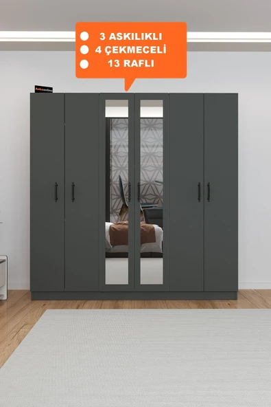 AEKA Ae-2116 Kale Aynalı Antrasit, 6 Kapaklı Gardırop, 13 Raflı, 3 Askılıklı 180 Cm Dolap ürün görseli