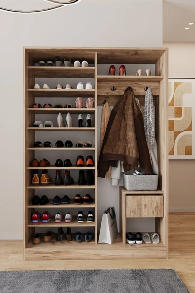 AEKA AE-3071 Patentli İdeal Aynalı Vestiyer Portmanto Ayakkabılık Raflı Askılıklı, Atlantik Çam - Resim 2