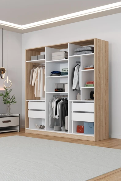 AEKA Ae-2116 Kale Aynalı Sonomo, 6 Kapaklı Gardırop, 13 Raflı, 3 Askılıklı 180 Cm Dolap - Resim 5