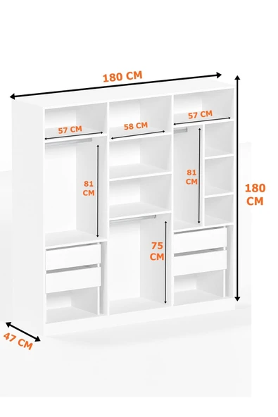 AEKA Ae-2116 Kale Aynalı Antrasit/Beyaz, 6 Kapaklı Gardırop, 13 Raflı, 3 Askılıklı 180 Cm Dolap - Resim 3