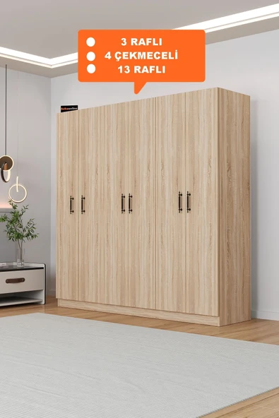 AEKA AE-2115 KALE SONOMO GARDIROP 6 KAPAKLI, 4 ÇEKMECELİ, 3 ASKILIKLI, 13 RAFLI DOLAP ürün görseli 1