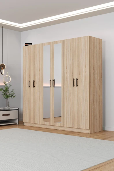 AEKA Ae-2116 Kale Aynalı Sonomo, 6 Kapaklı Gardırop, 13 Raflı, 3 Askılıklı 180 Cm Dolap - Resim 4