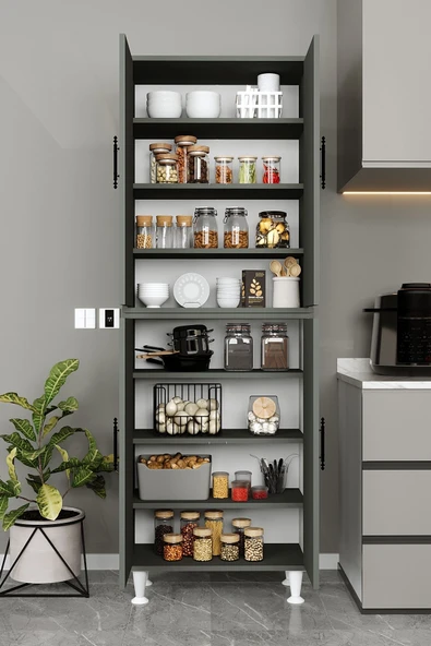 AEKA Ae-2086 Bala Antrasit Çok Amaçlı Mutfak Dolabı&banyo Dolabı, Kiler, 4 Kapaklı, Raflı, Ayaklı - 4