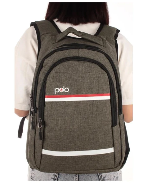 Temel My Polo Sırt Çantası Kırmızı Beyaz Çizgili Haki 8860 - Resim 2