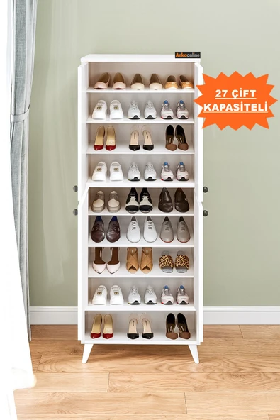 AEKA Ae-1088 Patentli İmaj Beyaz Ayakkabılık, 9 Raflı, Ayaklı, 4 Kapaklı Çok Amaçlı Dolap, Kiler Dolabı