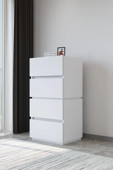 AEKA Ae-2034 Galata 4 Çekmeceli Patentli Beyaz Şifonyer Yatak Odası Bebek Odası Komodin - Resim 5