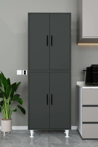 AEKA Ae-2086 Bala Antrasit Çok Amaçlı Mutfak Dolabı&banyo Dolabı, Kiler, 4 Kapaklı, Raflı, Ayaklı - 5