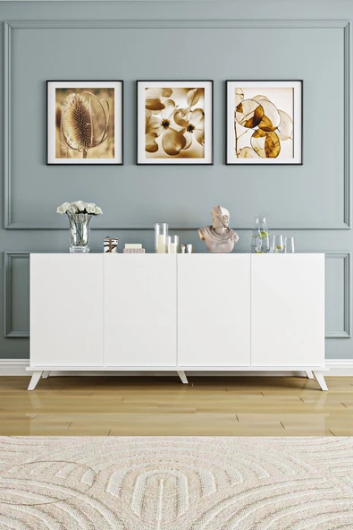 AEKA AE-2056 AKEL BEYAZ 4 KAPAKLI GENİŞ KONSOL 180 CM AYAKLI,RAFLI, YEMEK ODASI, TV SEHBASI, MODERN, - Resim 4