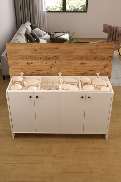 AEKA AE-2080 Patentli Ayder Mutfak Adası Bar Masası Yemek Masası Dolaplı, Beyaz/Çam Raflı, Çok Amaçlı ürün görseli