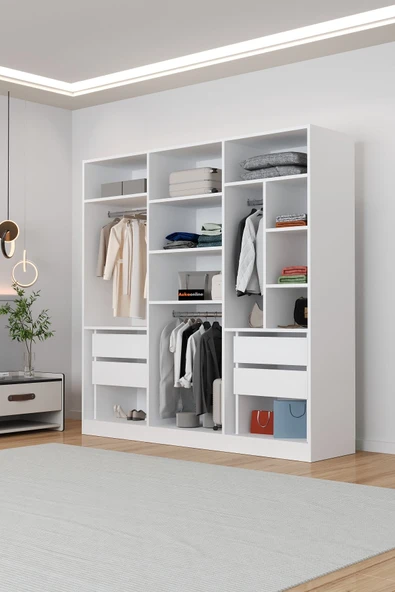 AEKA AE-2115 KALE BEYAZ GARDIROP 6 KAPAKLI, 4 ÇEKMECELİ, 3 ASKILIKLI, 13 RAFLI DOLAP - Resim 5