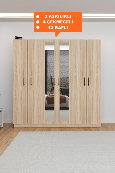 AEKA Ae-2116 Kale Aynalı Sonomo, 6 Kapaklı Gardırop, 13 Raflı, 3 Askılıklı 180 Cm Dolap ürün görseli 1