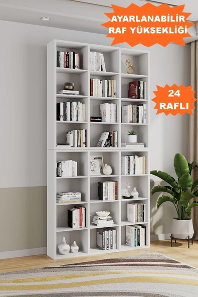 AEKA AE-1079 İmre Beyaz 24 Raflı Kitaplık Kütüphane Ayarlanabilir Raf Geniş Çocuk Odası ürün görseli