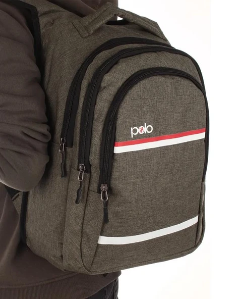 Temel My Polo Sırt Çantası Kırmızı Beyaz Çizgili Haki 8860 - Resim 3